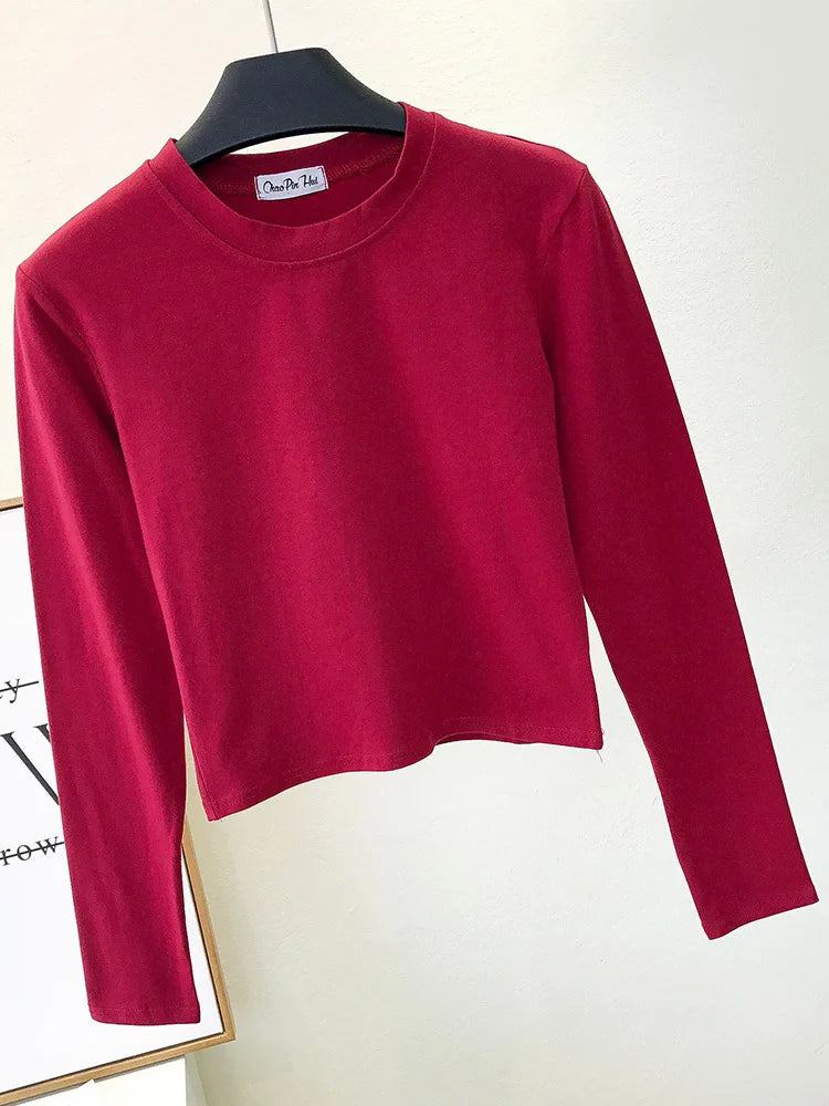Sexy   Women's Clothing O-Neck Long Sleeve Navel Autumn Base Women's Clothing Fashion Casual Ropa Mujer
