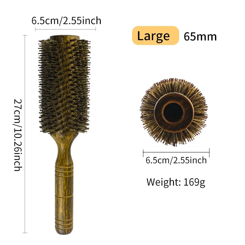 Professional Boar Bristle Round Hair Brush For Women Men Hair Styling Comb Hairdressing Wood Round Brush Barber Accessories