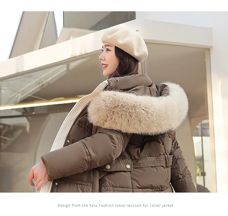 Winter 2025 New Women's Clothing Thickened Long Style Over the Knee Big Fur Collar Hooded Cotton Jacket Down Cotton Jacket Cot