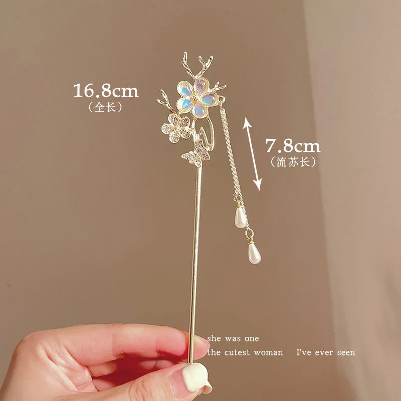 Elegant Flower Tassel Hairpin For Women Exquisite Neo-chinese Style Metal Hair Stick Girls Fashion Jewelry Hair Accessories