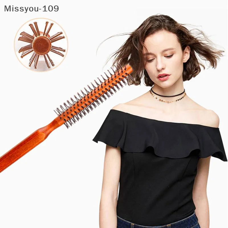 Bristle Wooden Curly Hair Comb Natural Boar Bristle Rolling Brush Round Barrel Blowing Curly Hairbrush Hair Styling Tool Barber