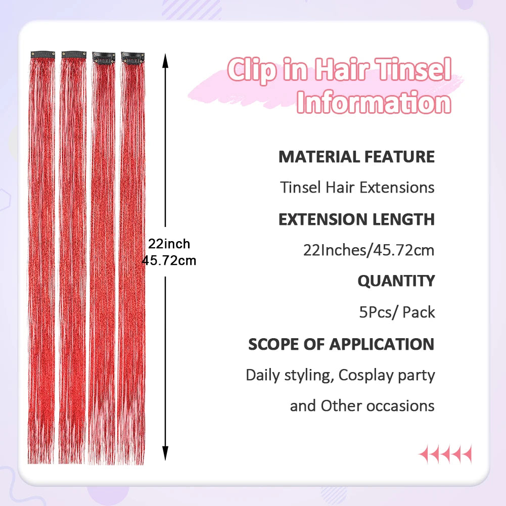 Clip in Hair Tinsel Synthetic 22 Inch Colorfull Tinsel Hair Extensions 5Pcs/Pack for Women Girls Party Christmas New Year Gift