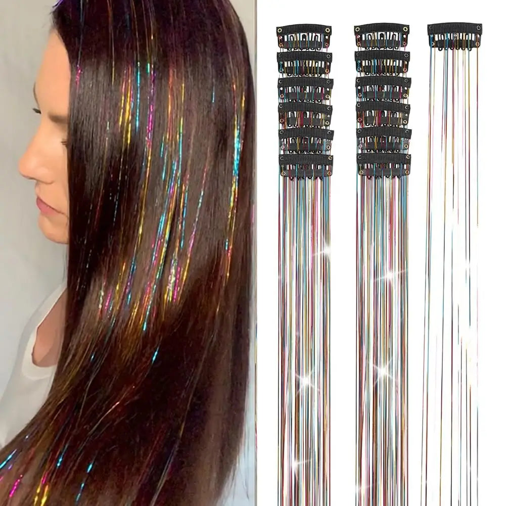 12Pcs Hair Tinsel Clip In 19.7" Glitter Tinsel Hair Extensions Synthetic Clip In Sparkle Hair Accessories For Kids Girls Women