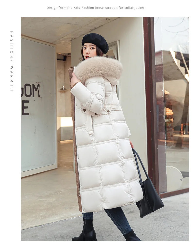 Winter 2025 New Women's Clothing Thickened Long Style Over the Knee Big Fur Collar Hooded Cotton Jacket Down Cotton Jacket Cot