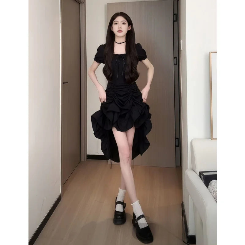 Women's Fashion 1 Dress Four Wear Method Lady Graceful Retro Square Collar Short Sleeve Black Dresses 2025 New Dinner Party Gown