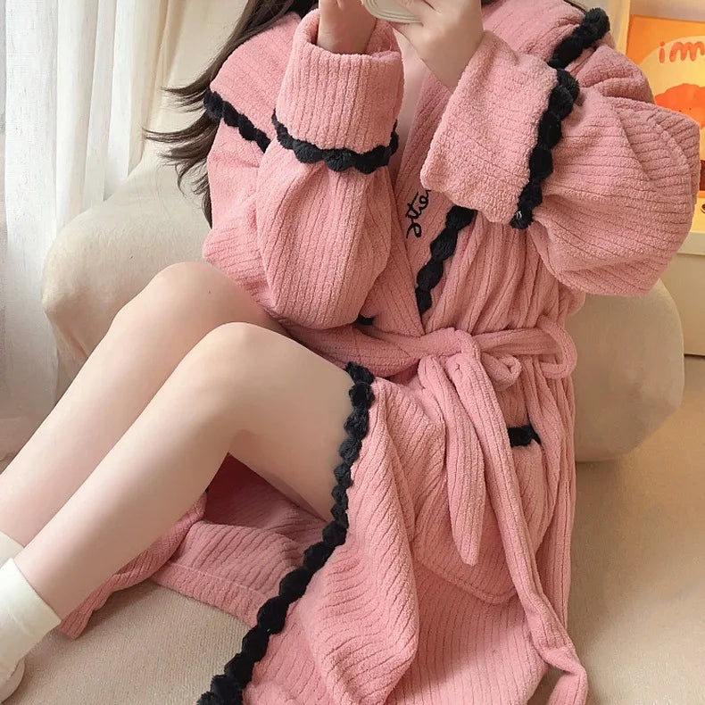 Women's Sexy Robe Coral Fleece Nightgown Female Autumn Winter Thickened Plush Warm Flannel Bathrobe Loose Casual Home Clothing