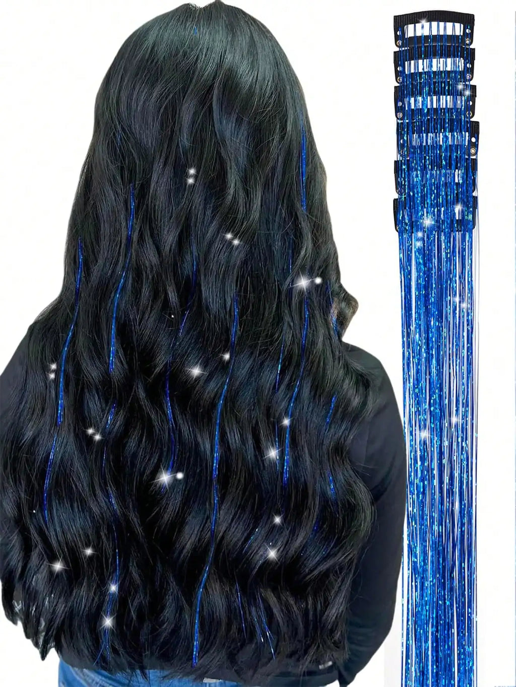6 Pcs Royal Clip-In Hair Tinsel Synthetic Heat Resistant Glitter Fairy Hair Extensions Kit Clip for Women Girls Party Daily Use