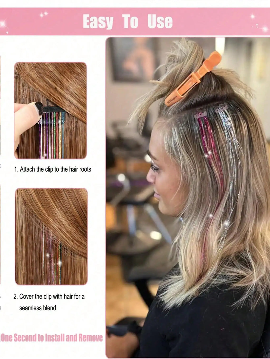6 Pcs Royal Clip-In Hair Tinsel Synthetic Heat Resistant Glitter Fairy Hair Extensions Kit Clip for Women Girls Party Daily Use