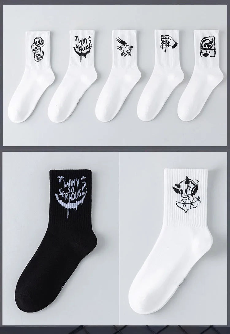Men's graffiti funny socks, oversized socks, clown spray painted black and white socks