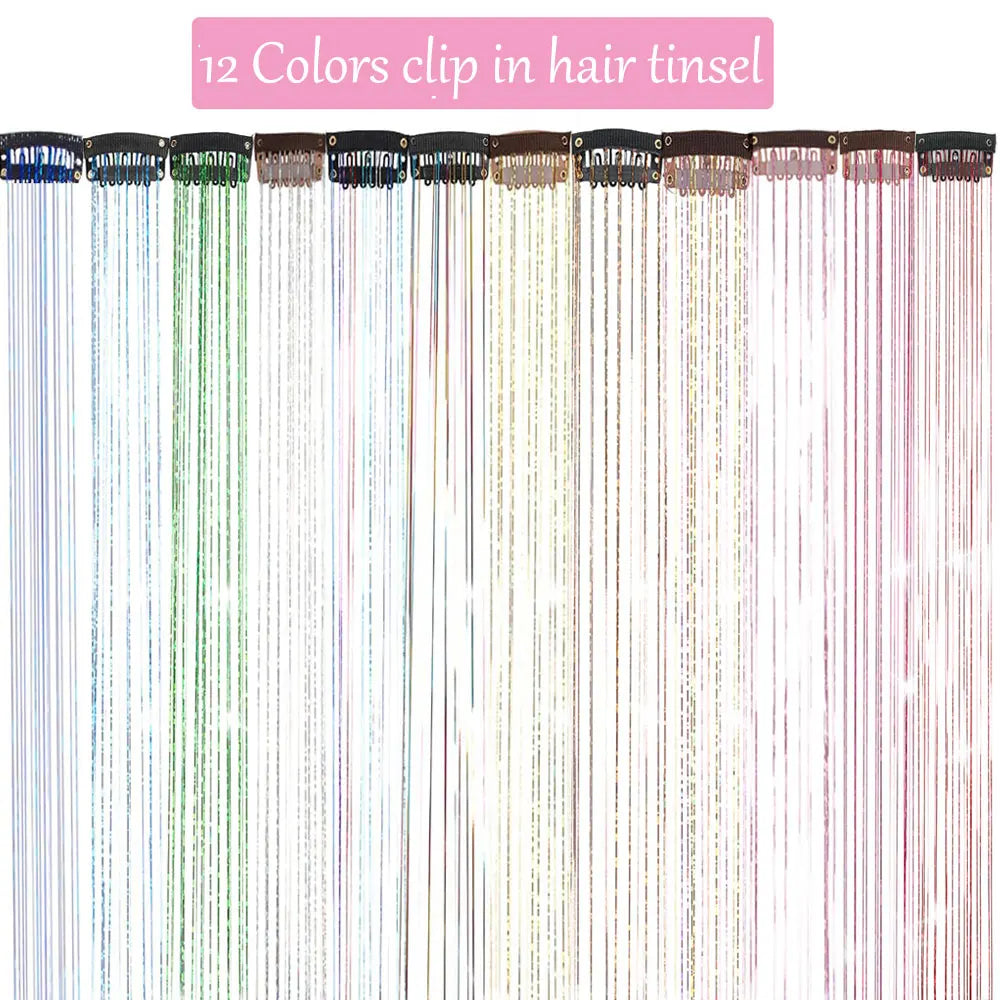 12Pcs Hair Tinsel Clip In 19.7" Glitter Tinsel Hair Extensions Synthetic Clip In Sparkle Hair Accessories For Kids Girls Women