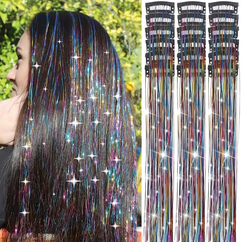 12Pcs Synthetic Hair Tinsel Clip in 52cm Glitter Tinsel HairClip in Hair Tinsel Kit Heat Resistant Shiny Sparkle Fairy Hair