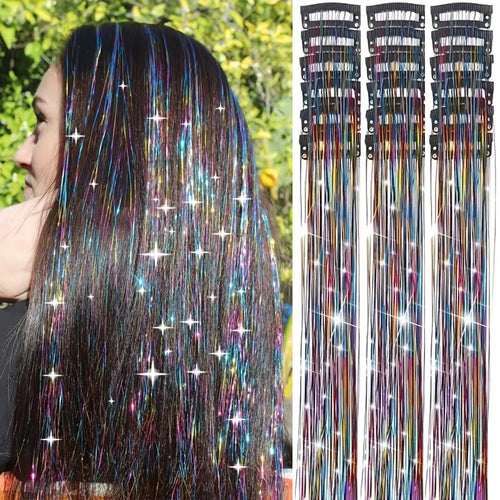 12Pcs Synthetic Hair Tinsel Clip in 52cm Glitter Tinsel HairClip in Hair Tinsel Kit Heat Resistant Shiny Sparkle Fairy Hair