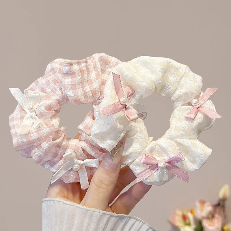 Sweet Satin Checkerboard Bow Hair Tie Women Ponytail Cute Hair Ring Fashion Hair Accessories