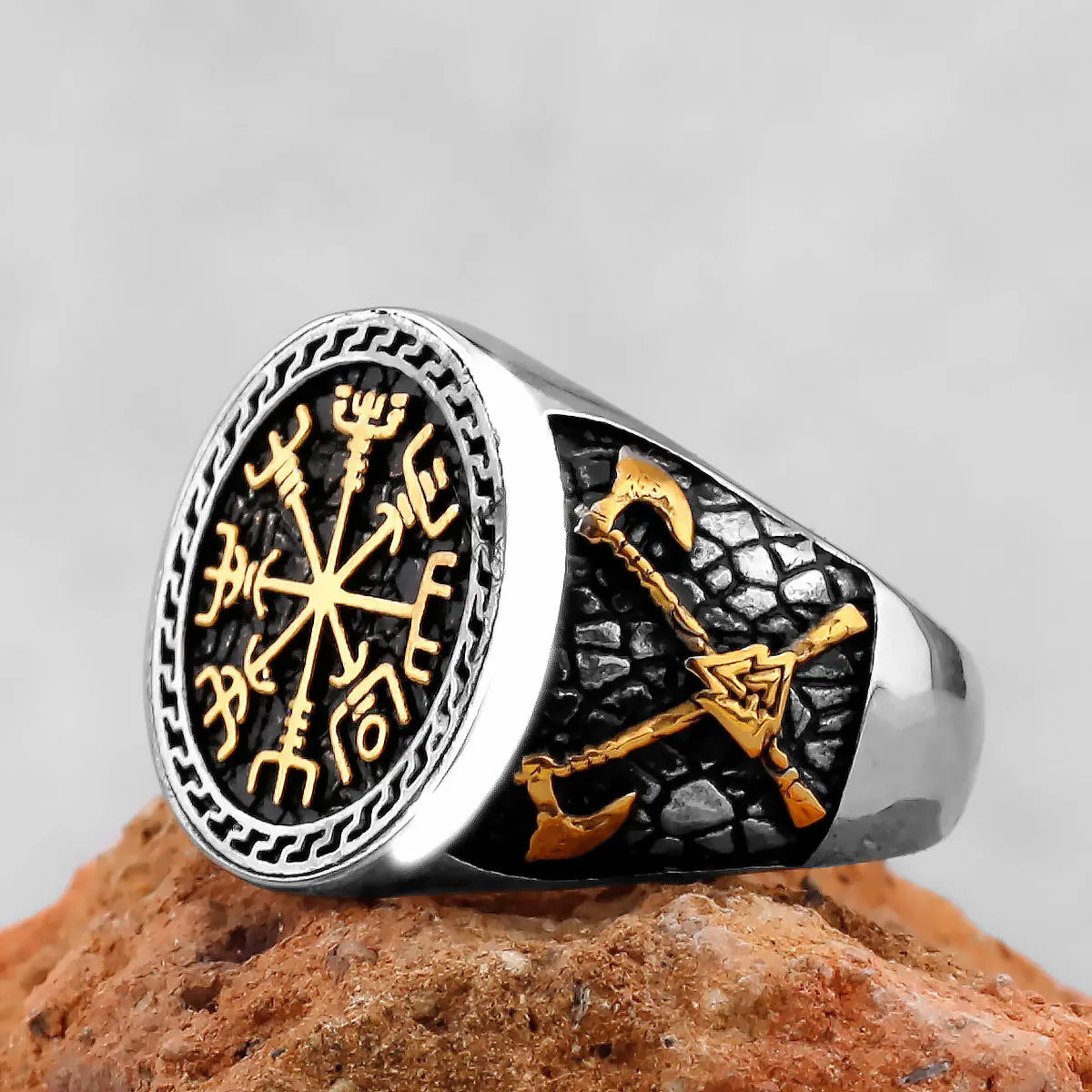 Vintage Viking Stainless Steel Compass Ring Men's Viking Valknut Axe Ring Punk Odin Rune Gold Color Ring Jewelry Gift Wholesale