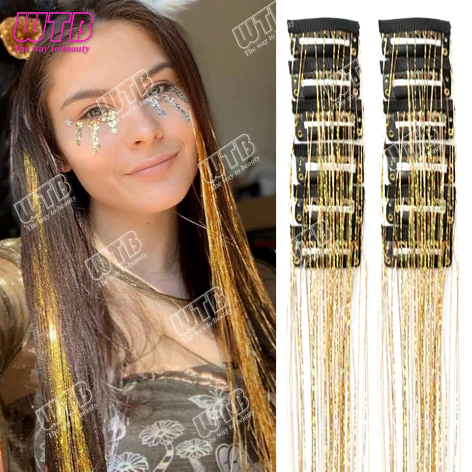 12Pcs 20Inch Glitter Tinsel Synthetic Straight Shining Hair Extensions Clip In Hair Tinsel Kit Sparkle Fairy Hair Accessories