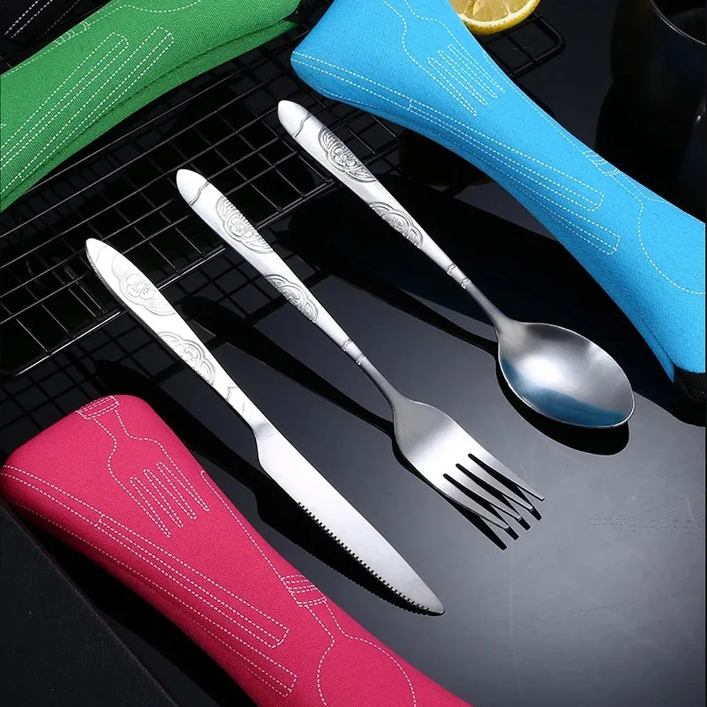 Stainless Steel Tableware Set Portable Cutlery Kit with Carry Case for Travel Camping Picnic Outdoor Meals Reusable Utensils