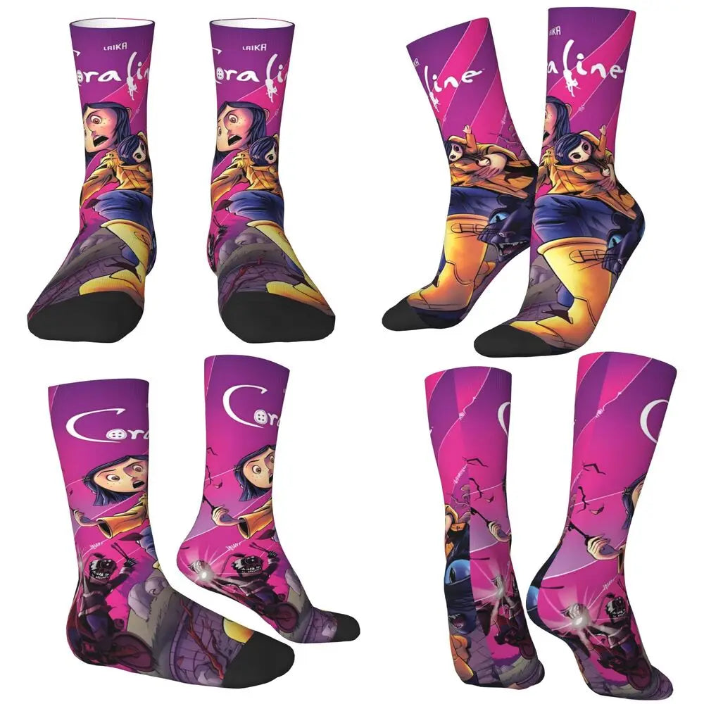 Coraline Horror Movie Stockings Design Funny Socks Autumn Non Skid Socks Couple Running Medium Soft Socks