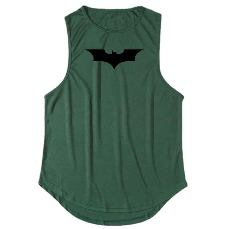 Mens Gym Clothing Mesh Fitness Singlets Black Bat Print Quick Dry Bodybuilding Tank Top Men Muscle Sleeveless Shirt Sports Vest
