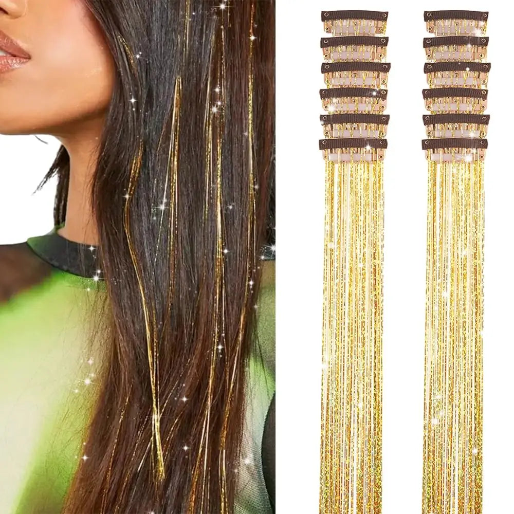 12 Pcs Clip-in Hair Tinsel Pack Colorful Glitter Fairy Hair Extensions Dazzle Party Accessory for Women Girls Kids
