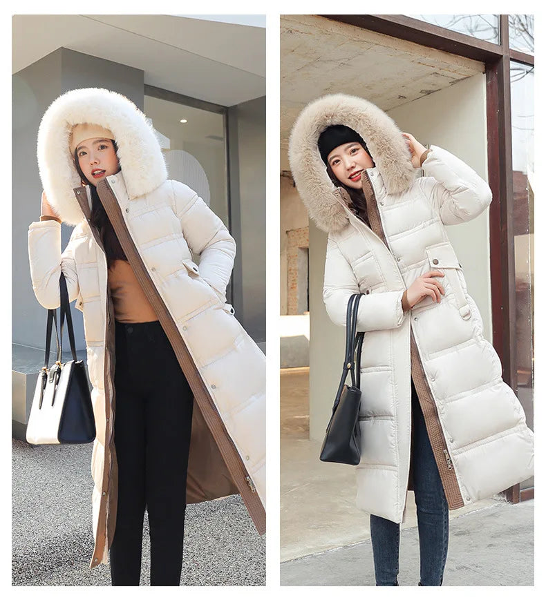 Winter 2025 New Women's Clothing Thickened Long Style Over the Knee Big Fur Collar Hooded Cotton Jacket Down Cotton Jacket Cot