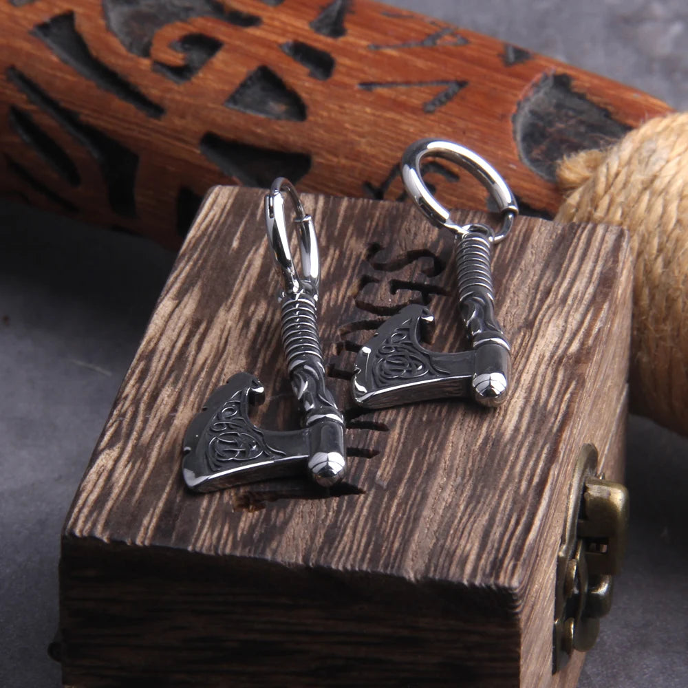 Vikings Jewelry Hip Hop Punk Viking Axe Drop Earrings Fashion Celtic Knot Rune Amulet Earrings Rock Biker Boys Stainless Steel