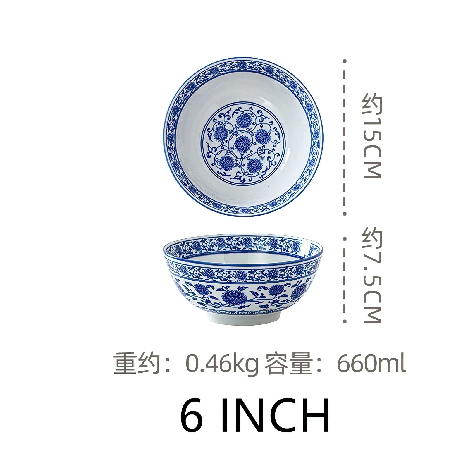 Ceramic Bowl Korean Blue and White Porcelain Tableware Large Noodle Bowl Japanese Retro Soup Bowl Home Kitchen Supplies