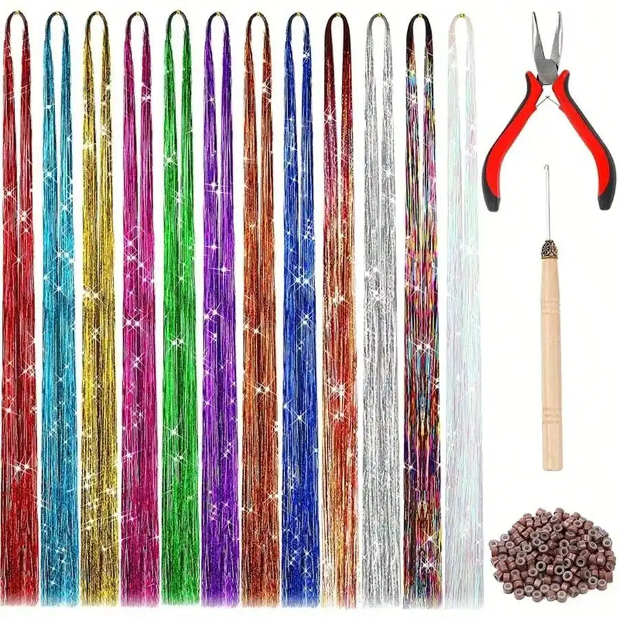 12Colors Shiny Hair Tinsel Strands Kit 34"/48"Synthetic Hair Glitter Extensions For Girls For Christmas New Year Cosplay Party