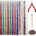 12Colors Shiny Hair Tinsel Strands Kit 34"/48"Synthetic Hair Glitter Extensions For Girls For Christmas New Year Cosplay Party