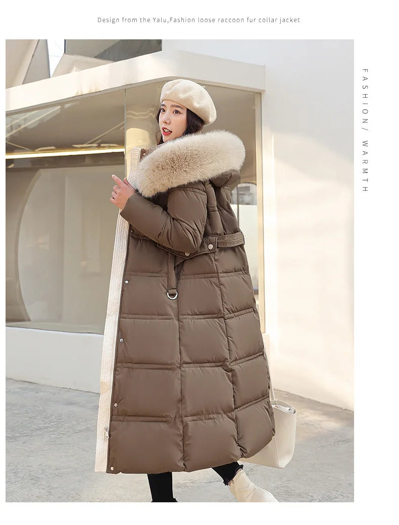 Winter 2025 New Women's Clothing Thickened Long Style Over the Knee Big Fur Collar Hooded Cotton Jacket Down Cotton Jacket Cot