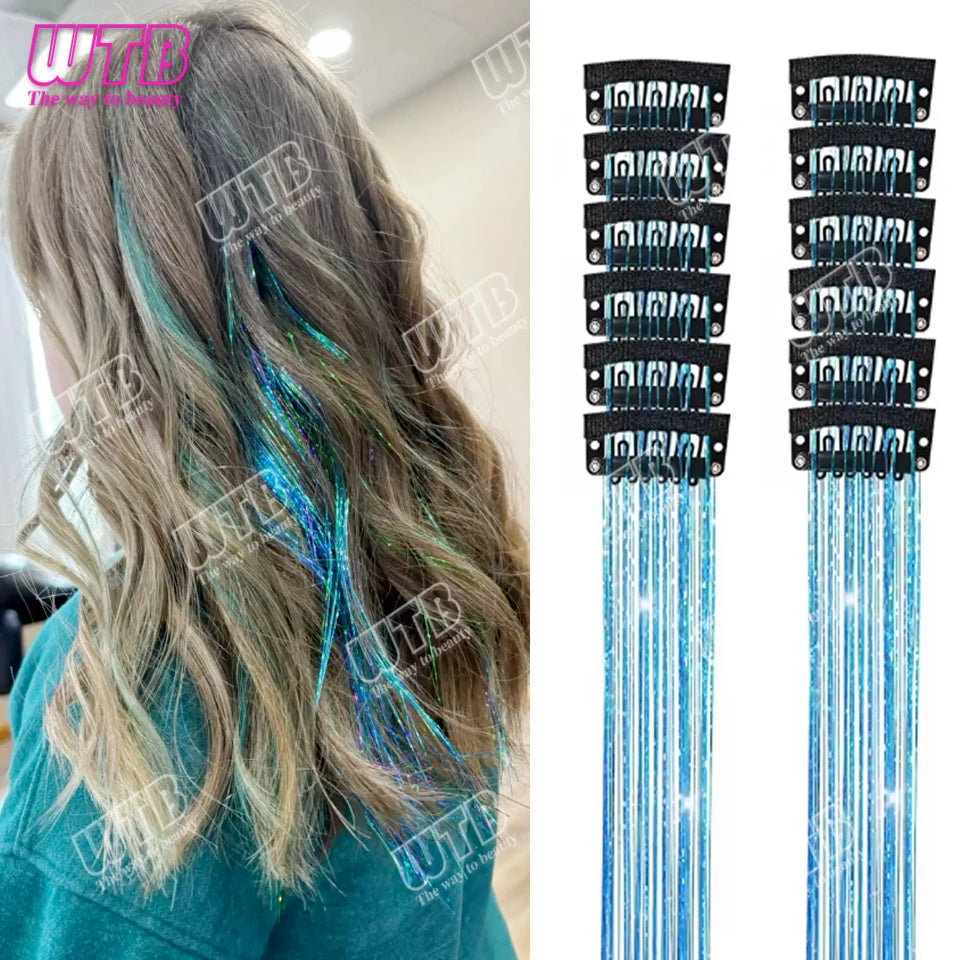 12Pcs 20Inch Glitter Tinsel Synthetic Straight Shining Hair Extensions Clip In Hair Tinsel Kit Sparkle Fairy Hair Accessories