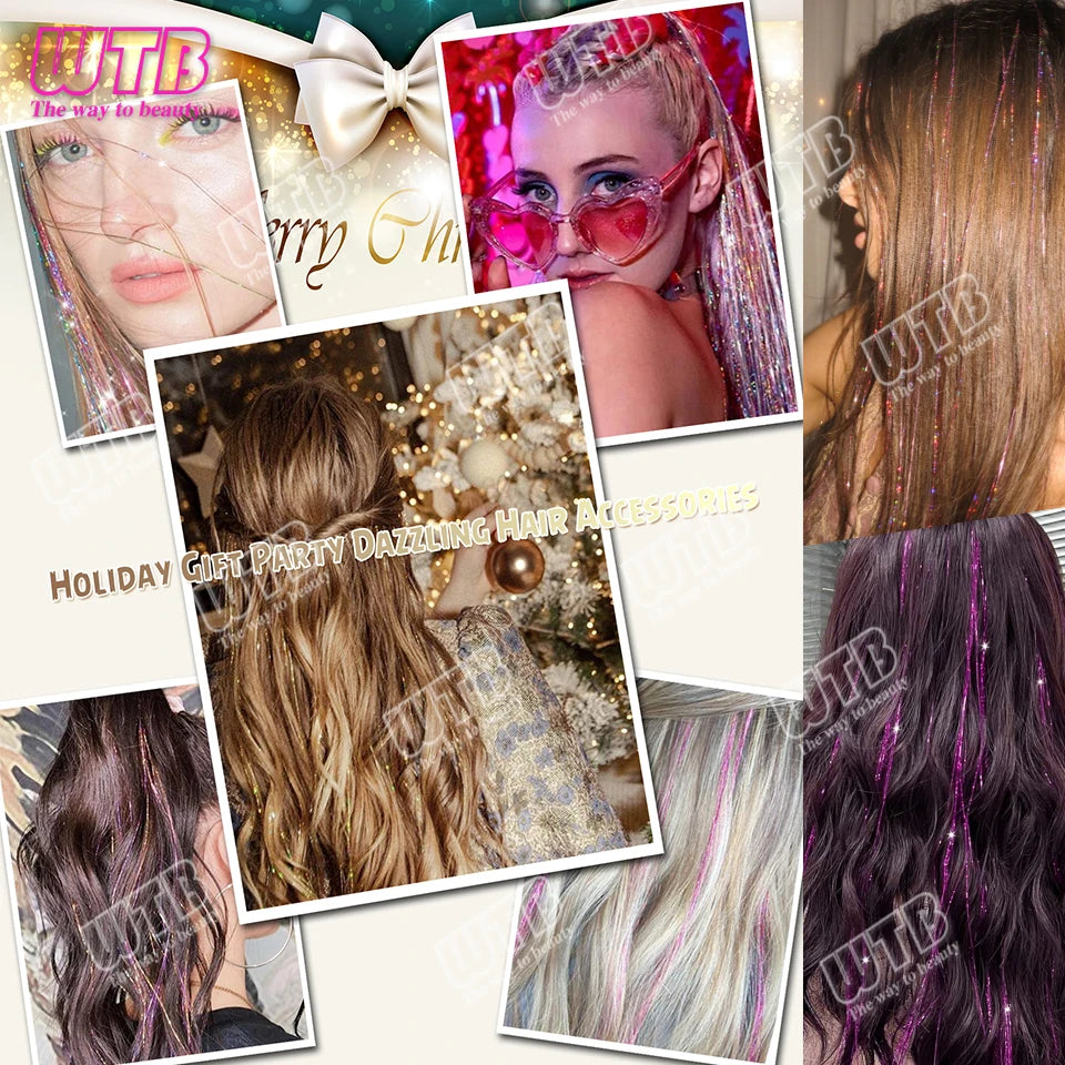 12Pcs 20Inch Glitter Tinsel Synthetic Straight Shining Hair Extensions Clip In Hair Tinsel Kit Sparkle Fairy Hair Accessories