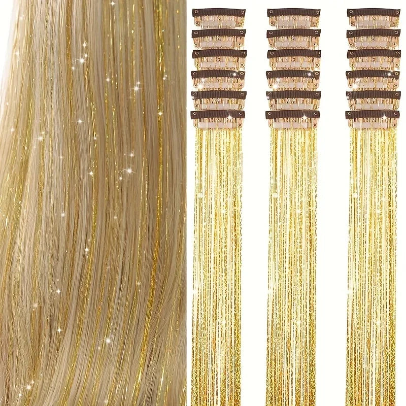 12Pcs Synthetic Hair Tinsel Clip in 52cm Glitter Tinsel HairClip in Hair Tinsel Kit Heat Resistant Shiny Sparkle Fairy Hair