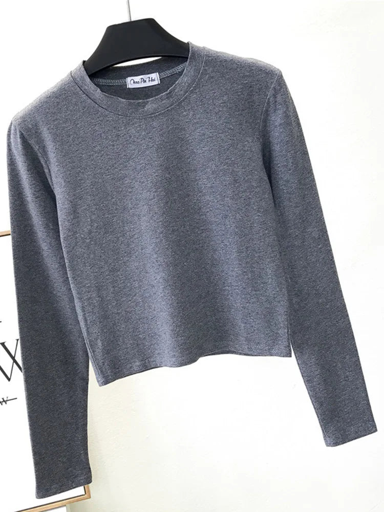 Sexy   Women's Clothing O-Neck Long Sleeve Navel Autumn Base Women's Clothing Fashion Casual Ropa Mujer