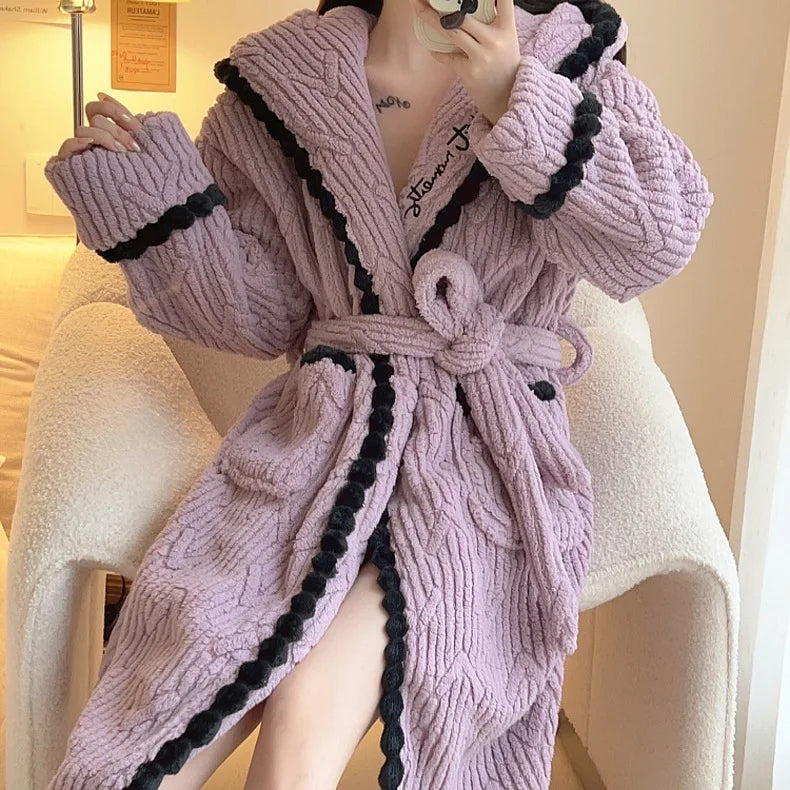 Women's Sexy Robe Coral Fleece Nightgown Female Autumn Winter Thickened Plush Warm Flannel Bathrobe Loose Casual Home Clothing