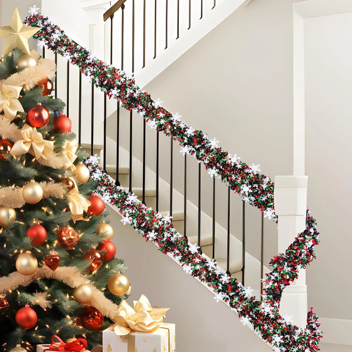 2M Christmas Snowflake Tinsel Garland Xmas Tree Decoration Christmas Metallic Twist Garland Ceiling Hanging New Year Party Decor