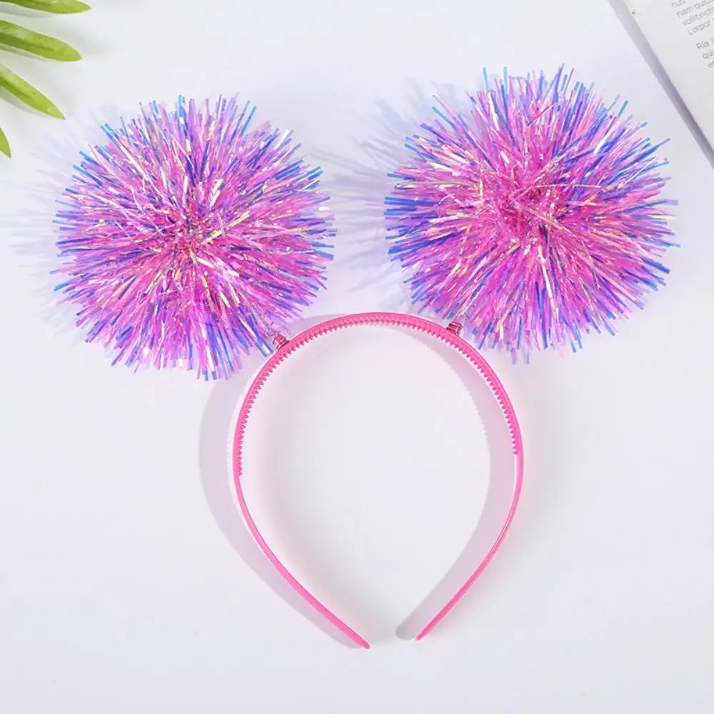 Trendy Bling Pom Pom Headband Cute Giltering Tinsel Headband Colorful Pompom Ball Headband Women Girls Pink
