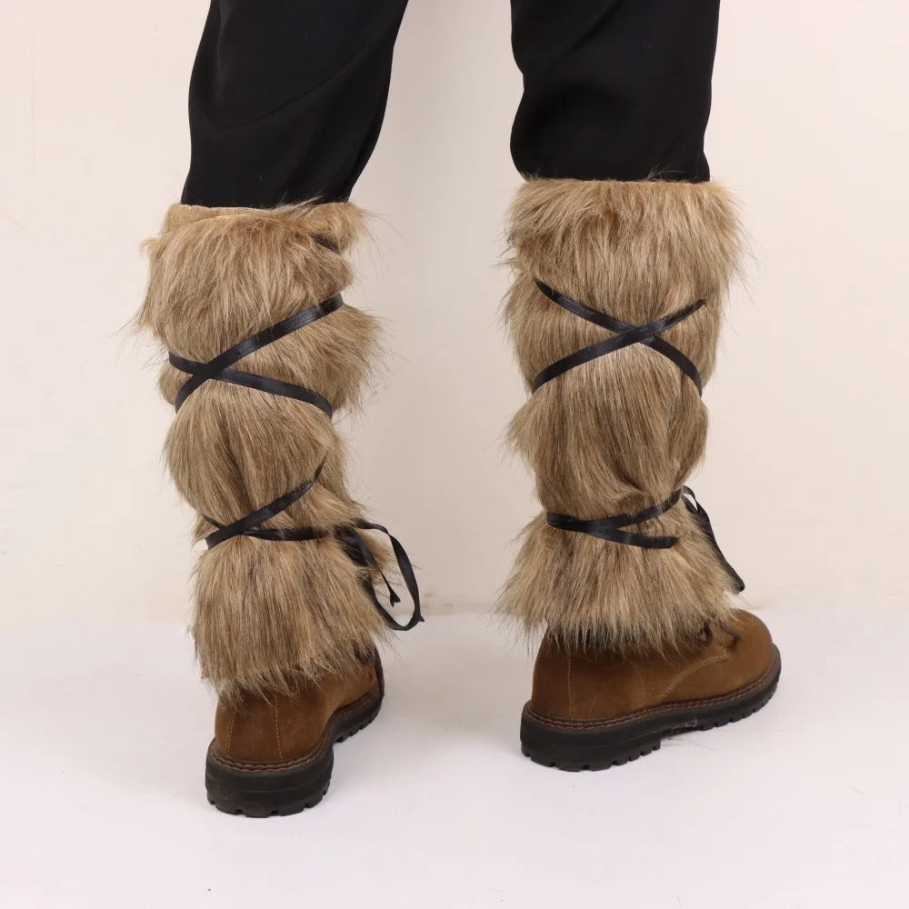 Viking Faux Fur Leg Warmers Medieval Plush Boot Covers Warrior Leg Gaiters Shin Guards Cosplay Costume