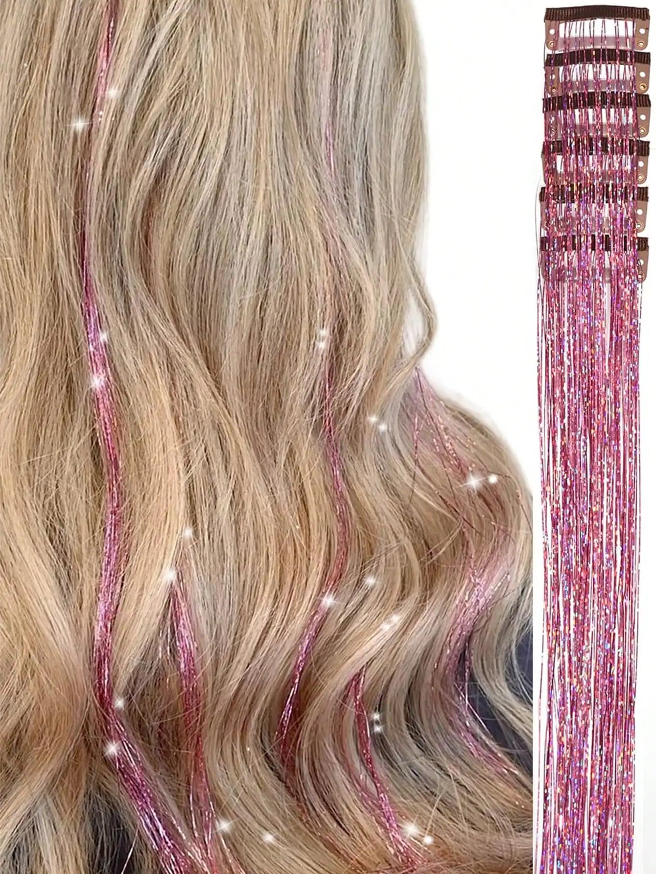 6 Pcs Royal Clip-In Hair Tinsel Synthetic Heat Resistant Glitter Fairy Hair Extensions Kit Clip for Women Girls Party Daily Use