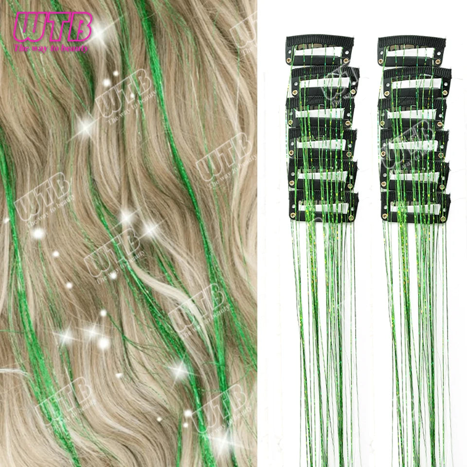 12Pcs 20Inch Glitter Tinsel Synthetic Straight Shining Hair Extensions Clip In Hair Tinsel Kit Sparkle Fairy Hair Accessories