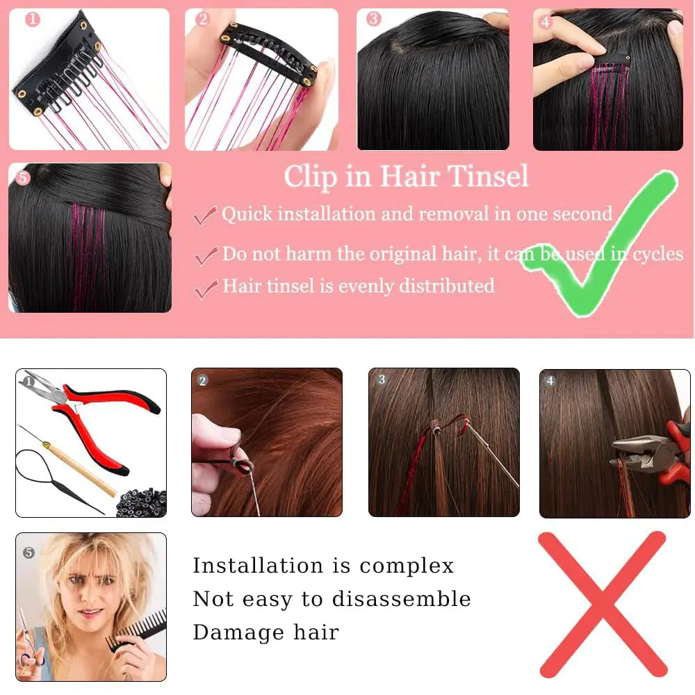 12 Pcs Clip-in Hair Tinsel Pack Colorful Glitter Fairy Hair Extensions Dazzle Party Accessory for Women Girls Kids