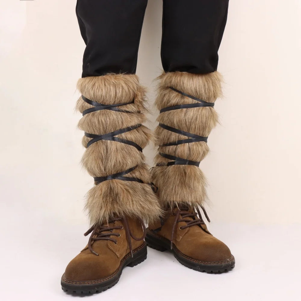 Viking Faux Fur Leg Warmers Medieval Plush Boot Covers Warrior Leg Gaiters Shin Guards Cosplay Costume
