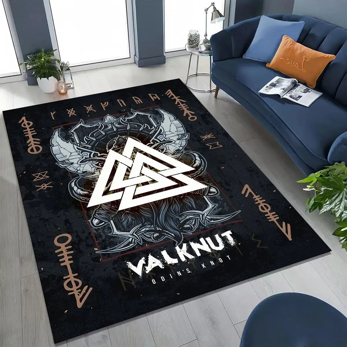 Nordic Viking Warrior Symbol Valhalla Valknut Rune Moto Rug for Bedroom Living Room Sofa Home Doormat Decor,Non-slip Floor Mat