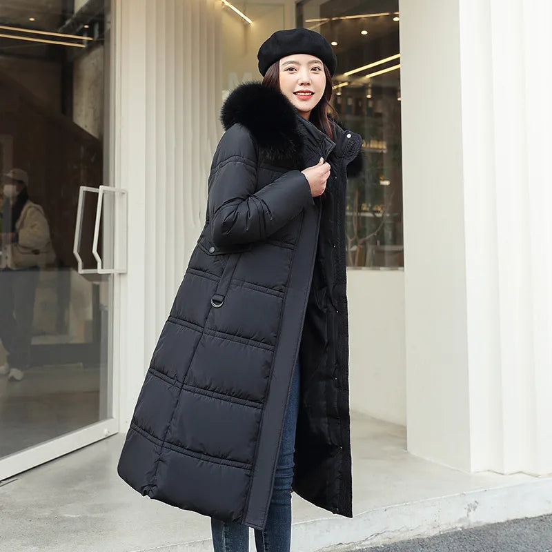 Winter 2025 New Women's Clothing Thickened Long Style Over the Knee Big Fur Collar Hooded Cotton Jacket Down Cotton Jacket Cot