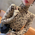 Women Clothing Elegant Fashion Letter Knit Pullover Autumn Winter Casual All-match Half High Collar Long Sleeve Sweater Slim Top