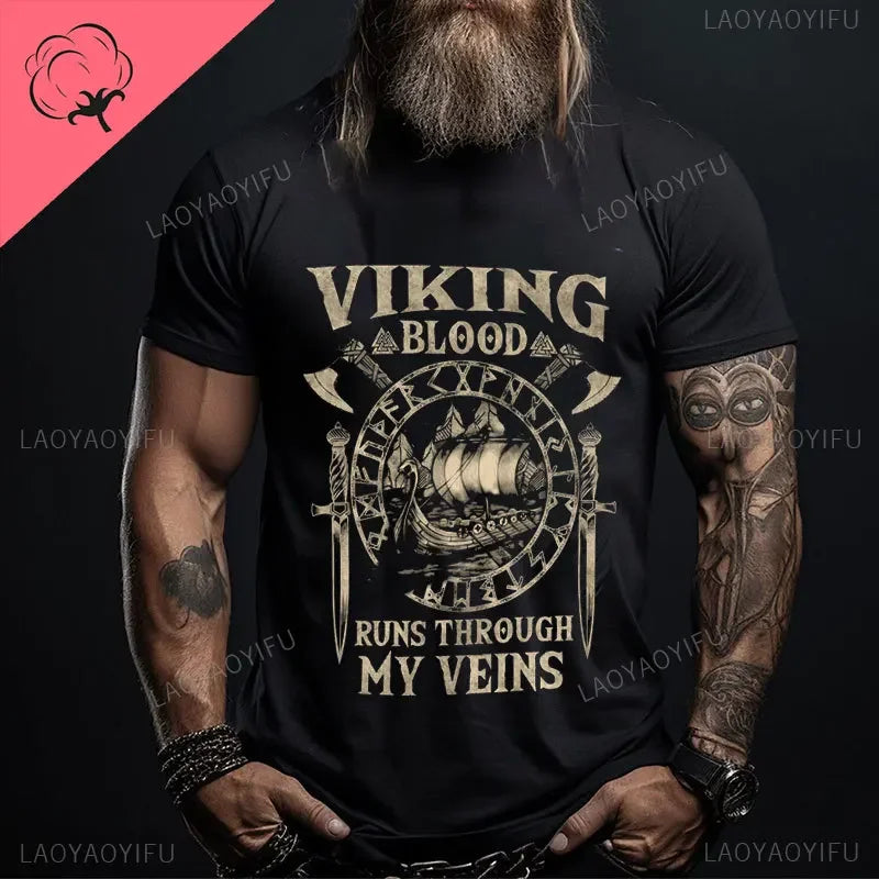 Viking Blood High Quality 100% Cotton T Shirt Men Short Sleeve Viking Legend T-Shirt Retro Classic Tee Shirt Valhalla Odin Tops