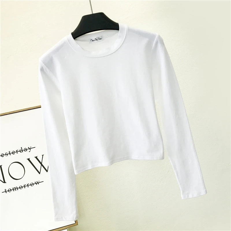 Sexy   Women's Clothing O-Neck Long Sleeve Navel Autumn Base Women's Clothing Fashion Casual Ropa Mujer