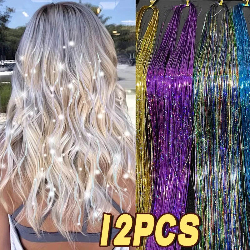 12Pcs Synthetic Hair Tinsel Clip in 52cm Glitter Tinsel HairClip in Hair Tinsel Kit Heat Resistant Shiny Sparkle Fairy Hair
