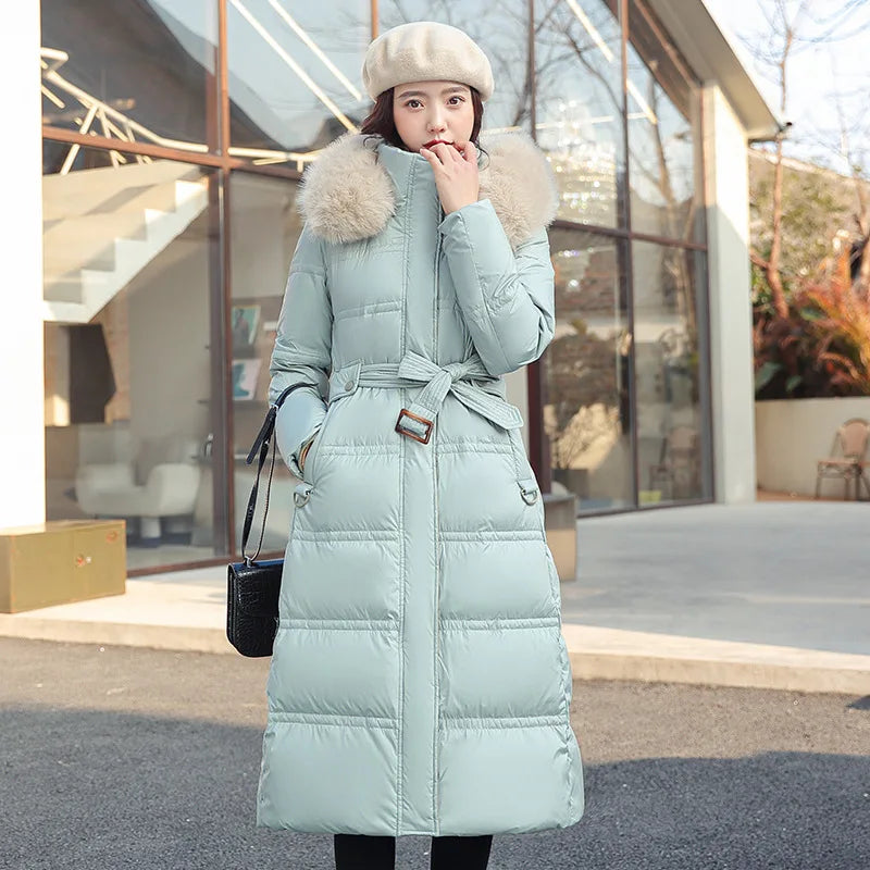 Winter 2025 New Women's Clothing Thickened Long Style Over the Knee Big Fur Collar Hooded Cotton Jacket Down Cotton Jacket Cot
