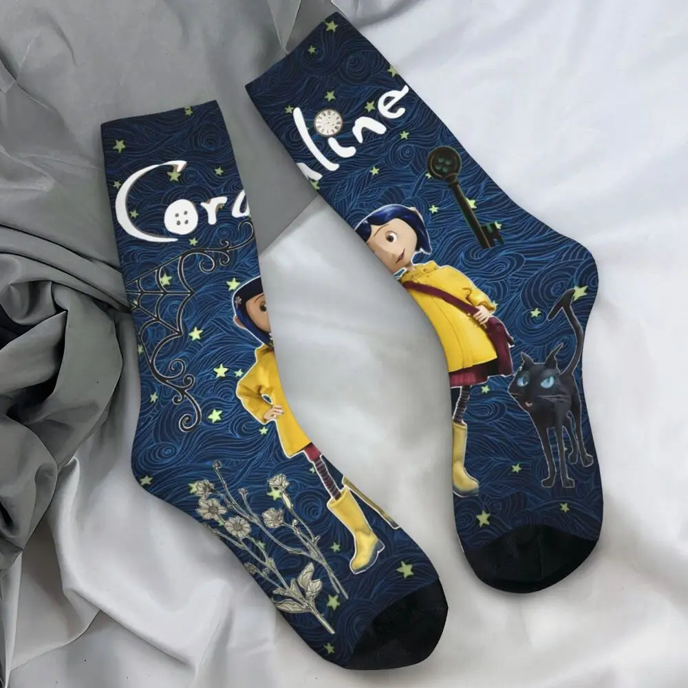 Coraline Horror Movie Stockings Design Funny Socks Autumn Non Skid Socks Couple Running Medium Soft Socks