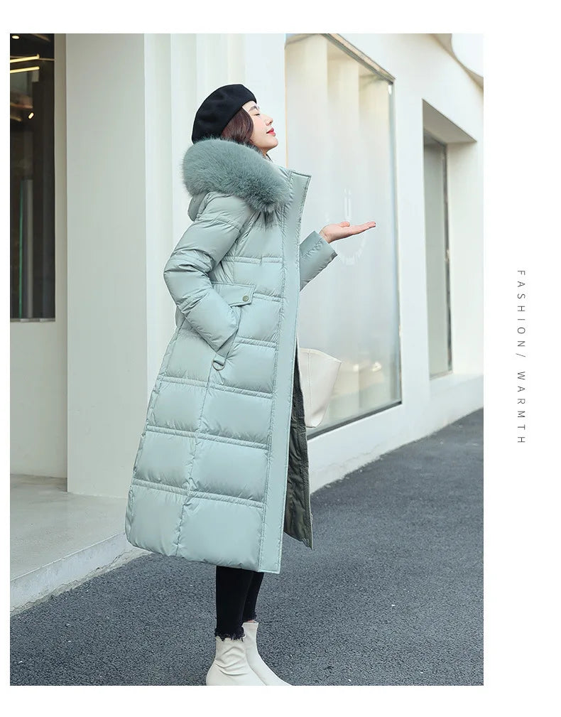 Winter 2025 New Women's Clothing Thickened Long Style Over the Knee Big Fur Collar Hooded Cotton Jacket Down Cotton Jacket Cot